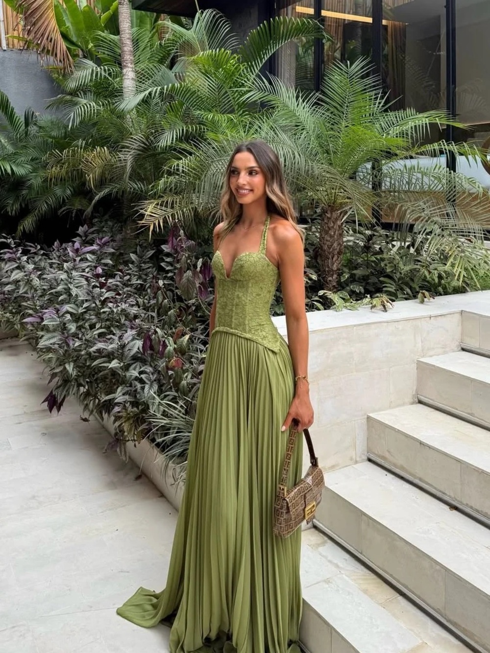 Hazel The Label Elegant Kenley Olive Green Halter Corset Dress